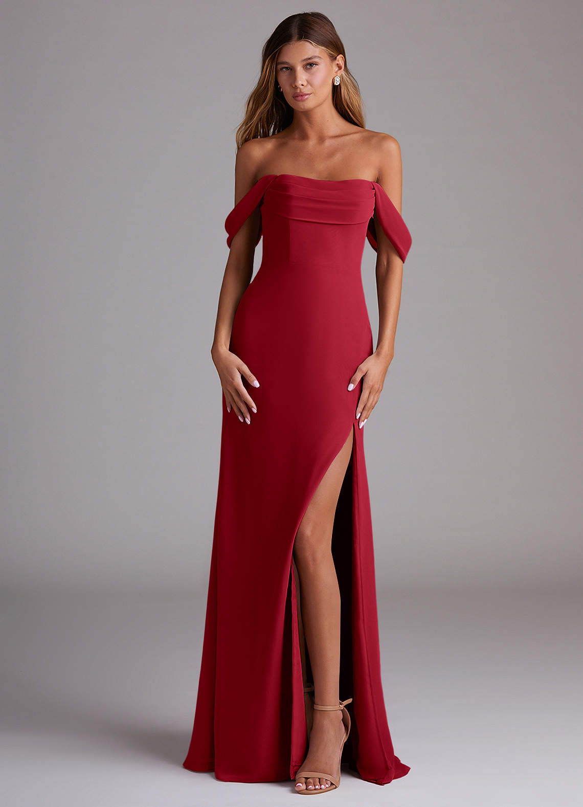 Azazie Saige Bridesmaid Dresses Scarlet A-Line Off the Shoulder Chiffon Convertible Dress image1