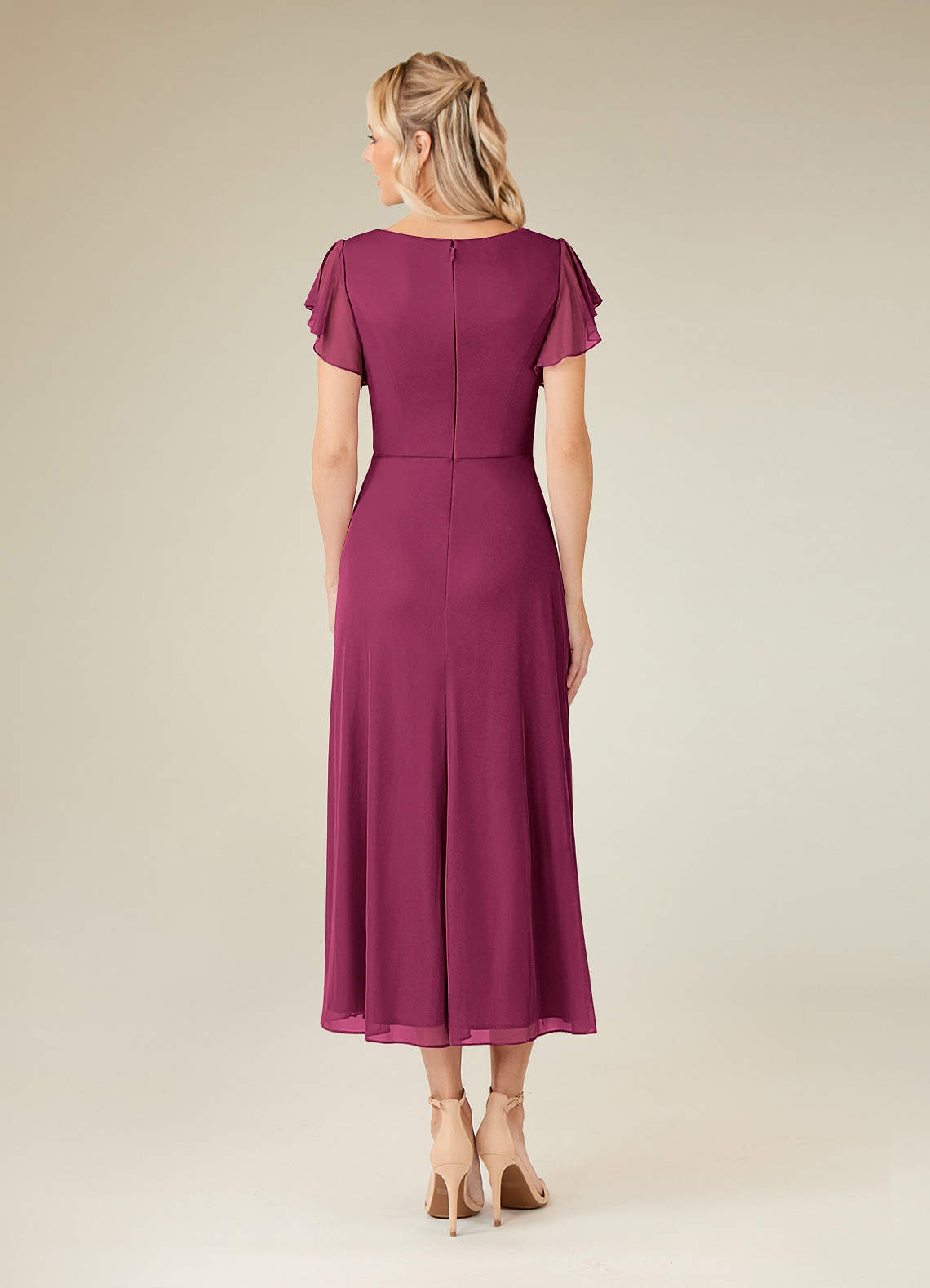 Azazie Vera At-home Try On Dresses Mulberry A-Line V-Neck Pleated Mesh Dress image3