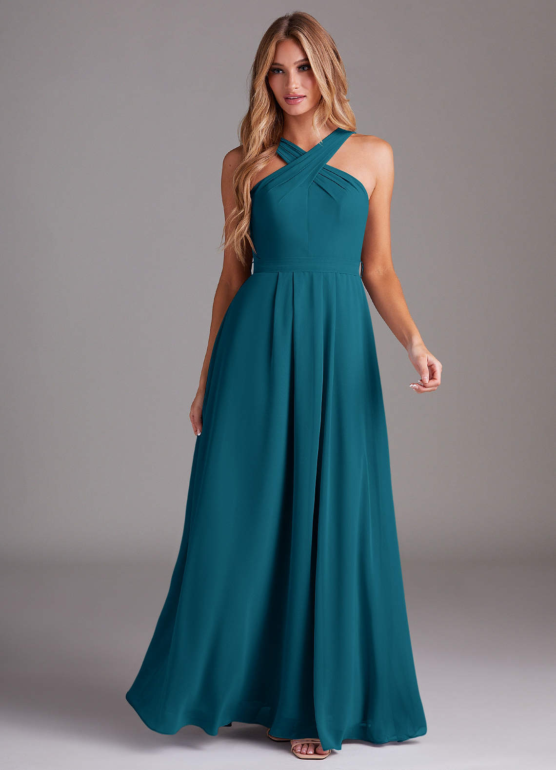open lace back dress BLUE PLEATED HALTER GOWN