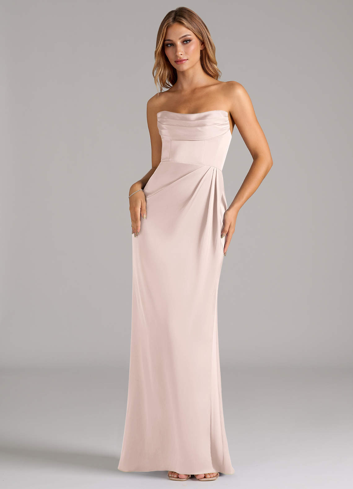 Azazie Johana Blushing Pink Stretch Satin Bridesmaid Dresses | Azazie