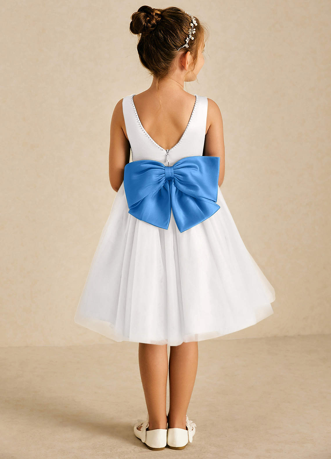 Azazie Seline Flower Girl Dresses Ivory Blue Jay A-Line Bow Tulle Dress image1
