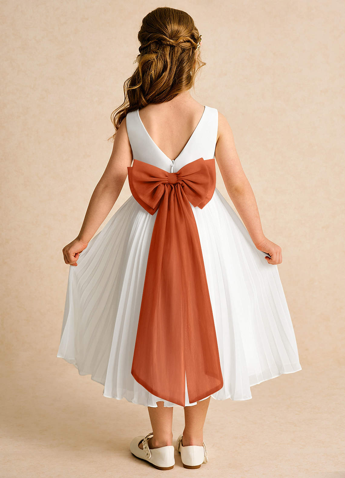 Azazie Margot Flower Girl Dresses Ivory Burnt Orange A-Line Pleated Chiffon Dress image1