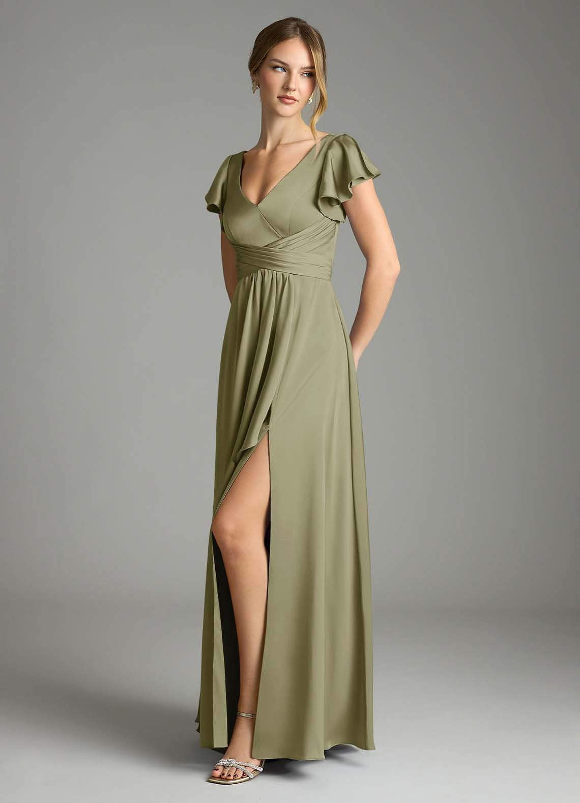 pistachio satin dress Azazie Calissa