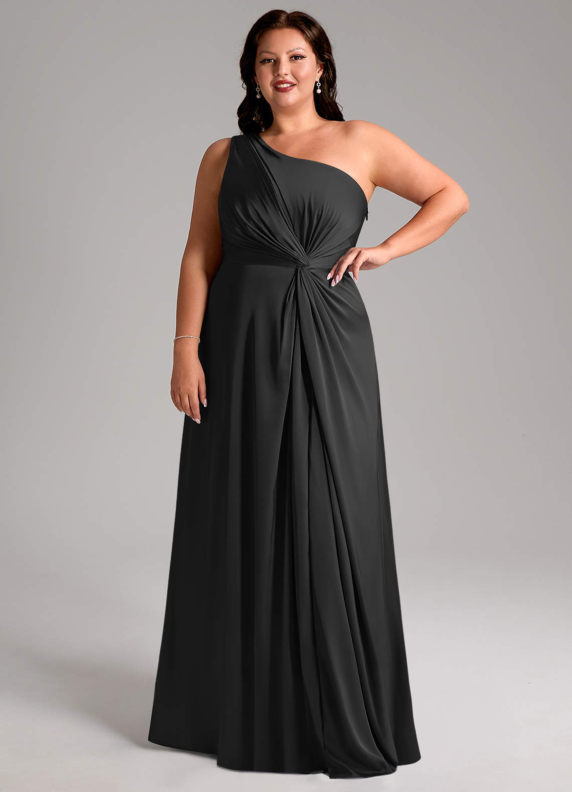 Azazie Brooke Bridesmaid Dresses Black A-Line One Shoulder Stretch Satin Dress image13