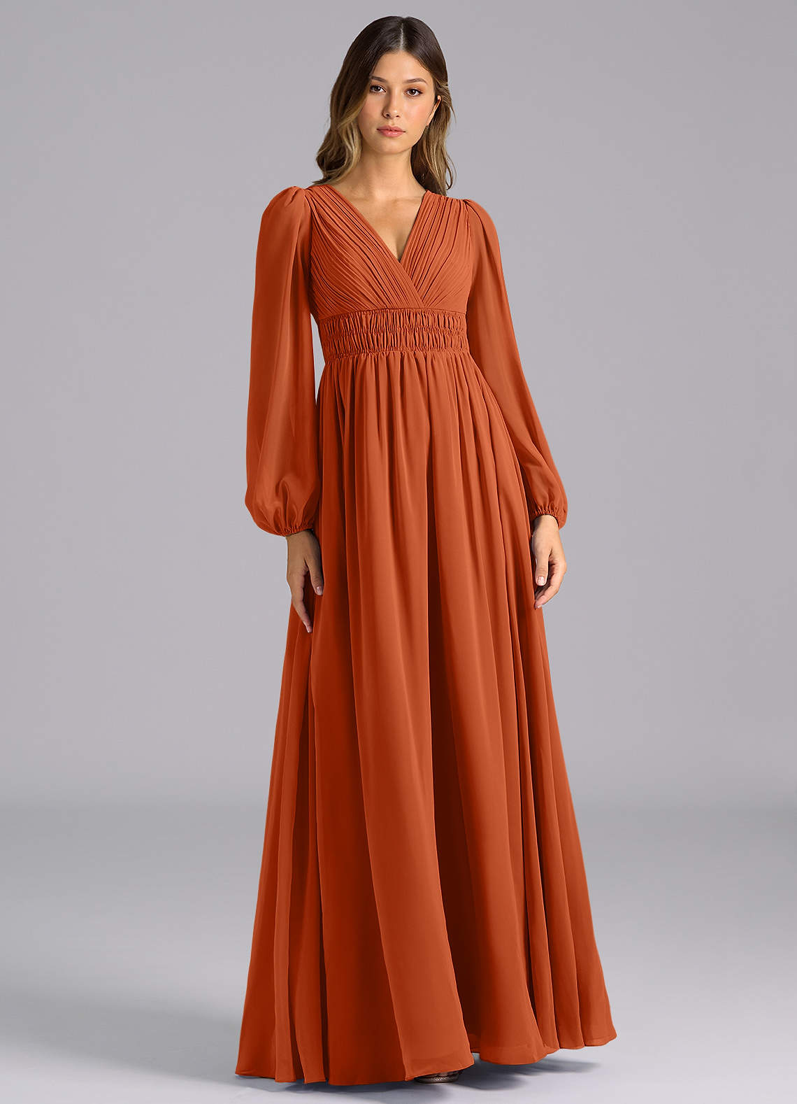Azazie Palerma Bridesmaid Dresses Burnt Orange A-Line Long Sleeve Chiffon Dress image1