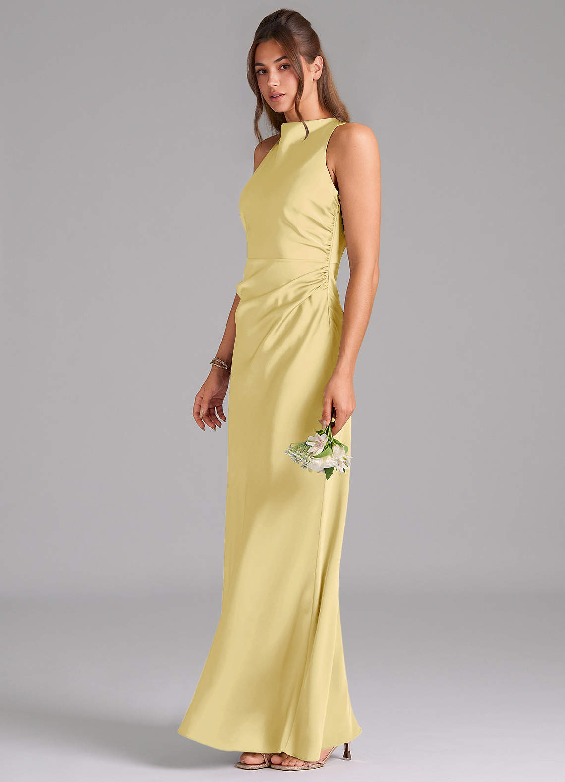 Azazie Evadne Bridesmaid Dresses Lemon Sorbet A-Line Pleated Stretch Satin Dress image1