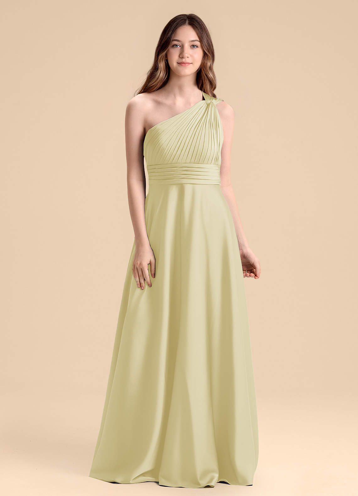 Azazie Charlize Junior Lemon Sorbet A-Line Pleated Stretch Satin Dress image1