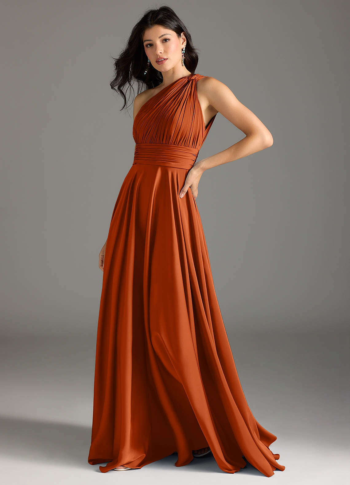Azazie Charlize Bridesmaid Dresses Burnt Orange A-Line One Shoulder Stretch Satin Dress image3
