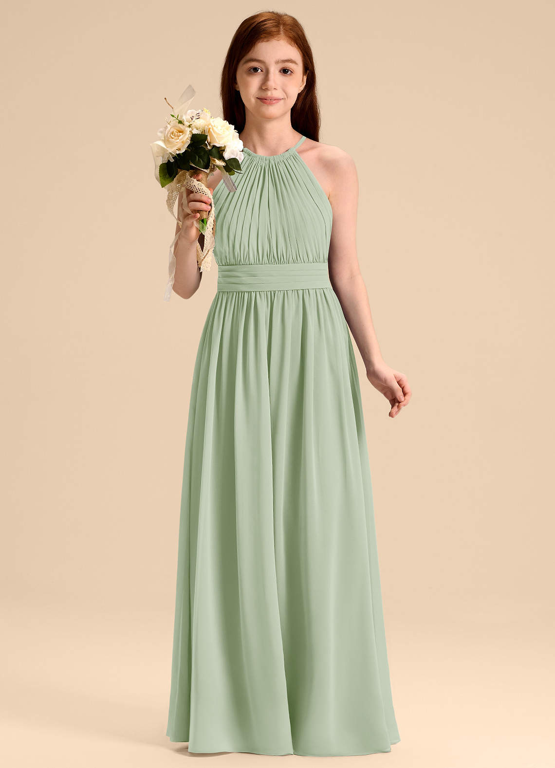 Azazie Malone Junior Vestido Dusty Sage de Chiffon de Linha A com Plissado image3