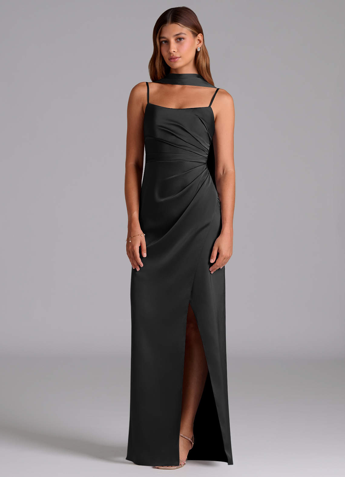 Azazie Calandra Brudtärnklänningar Klä av A-Linje i Stretch Satin Plisserad Svart image2