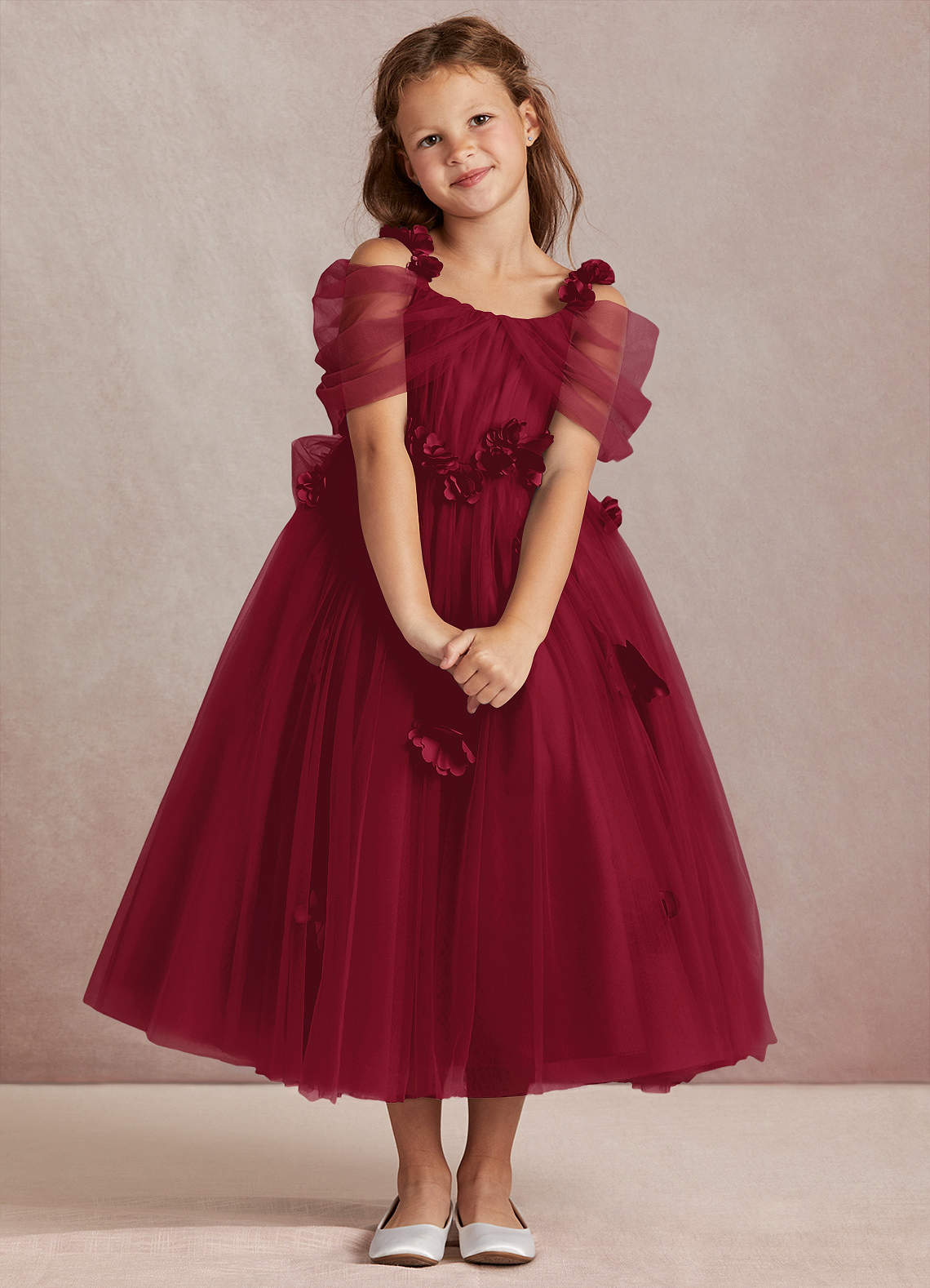 Azazie Shaylee Flower Girl Dresses Burgundy A-Line Off the Shoulder Tulle Dress image1