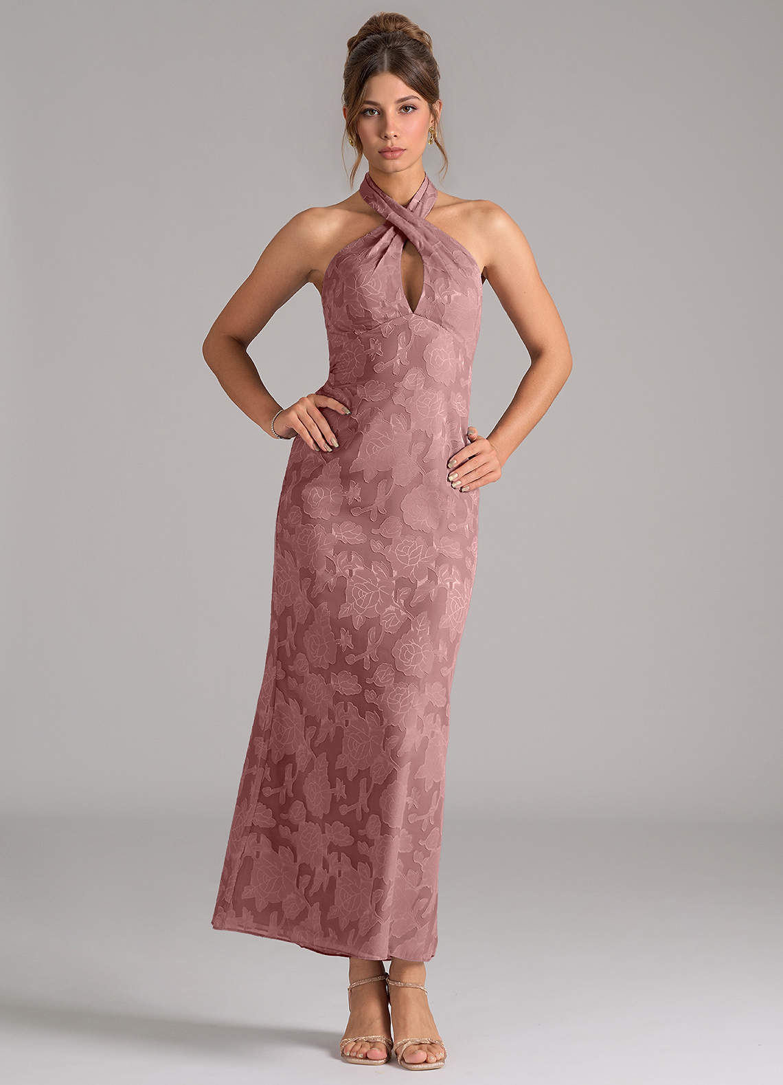 Azazie Marlissa Bridesmaid Dresses Dusty Rose Sheath Pleated Floral Burnout Dress image1
