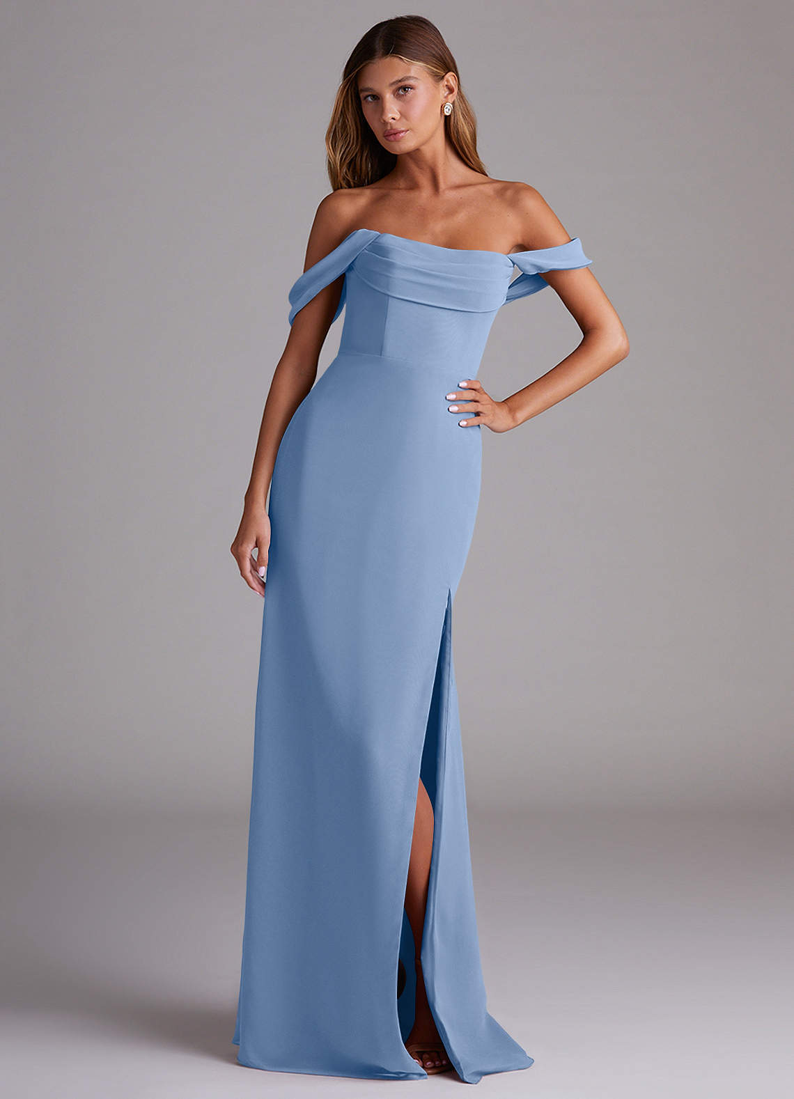 Azazie Saige Bridesmaid Dresses Steel Blue A-Line Off the Shoulder Chiffon Convertible Dress image3