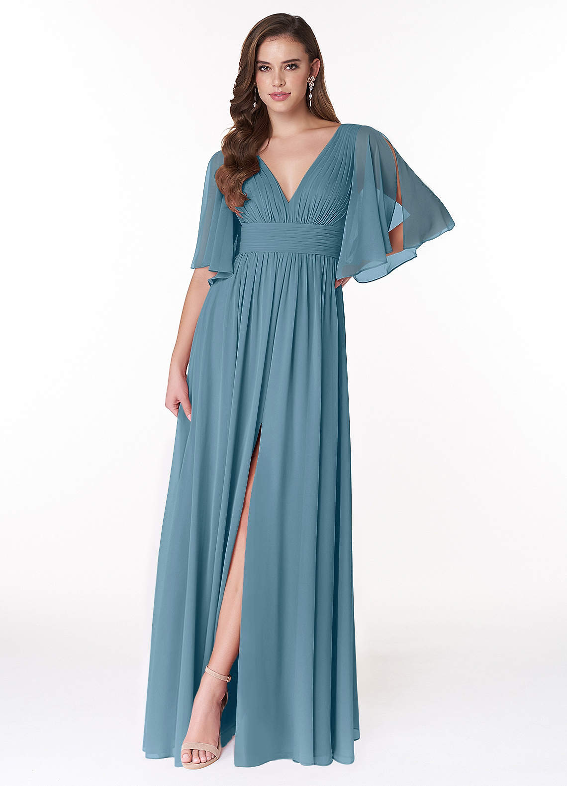 Azazie Temeka Brautjungfernkleider A-Linie Gestreift Chiffon Kleid Bermudablau image1