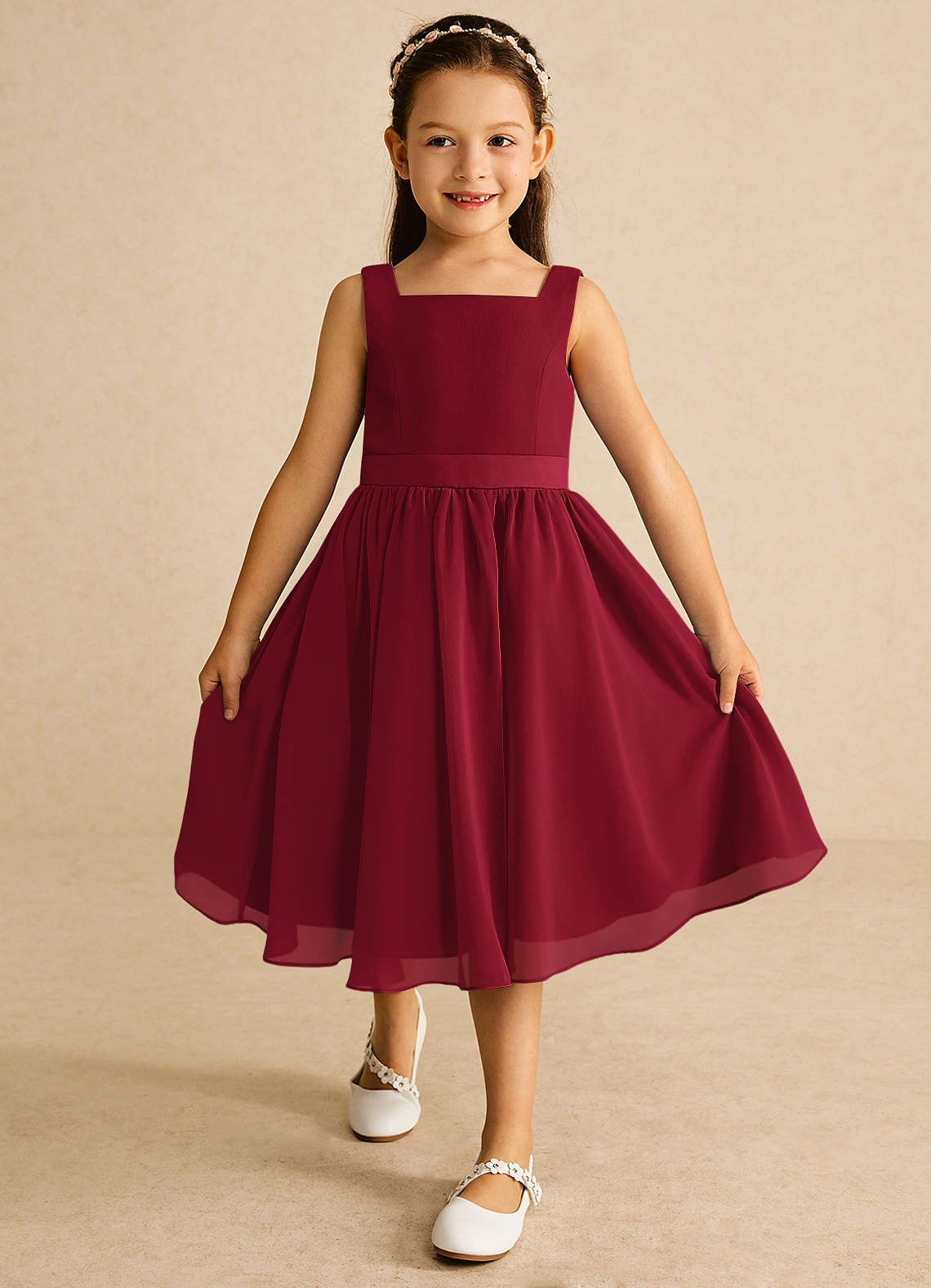 Azazie Ari Flower Girl Dresses Burgundy A-Line Sleeveless Chiffon Dress image1