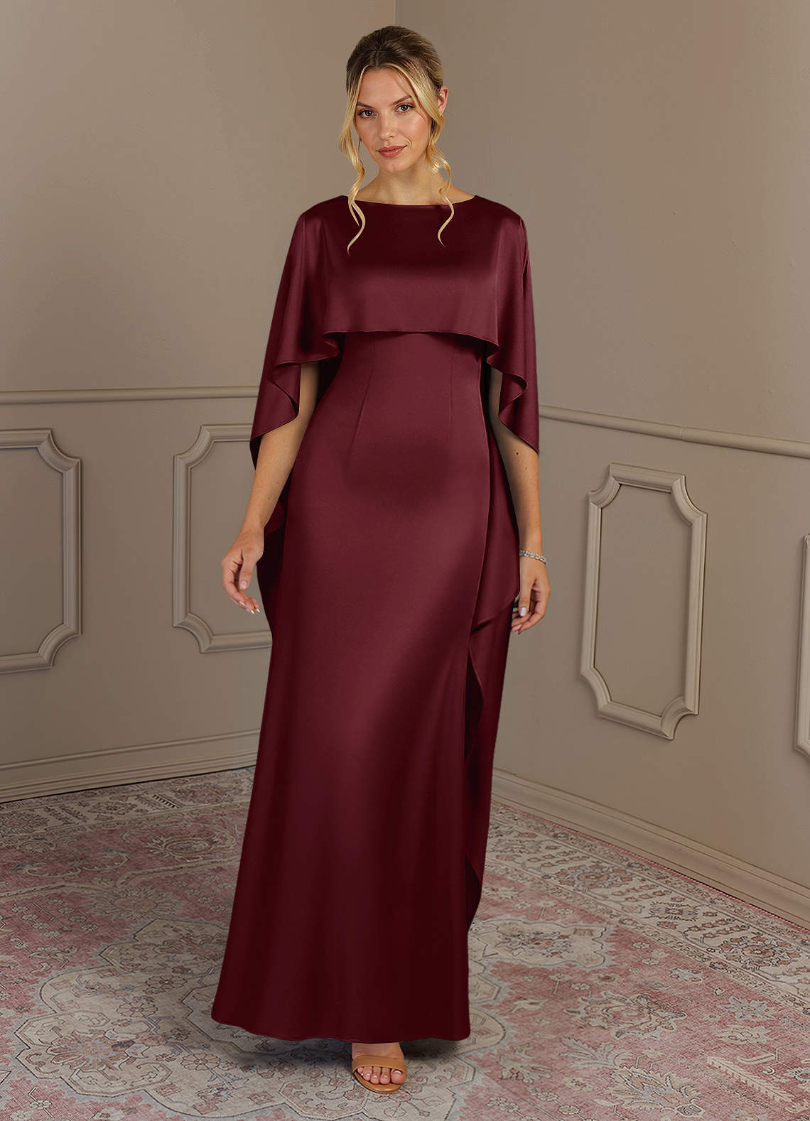 Azazie Eli vestidos de madre de la novia Vestido de Cabernet de Satén Elástico de Recto con Cuello de barco image3