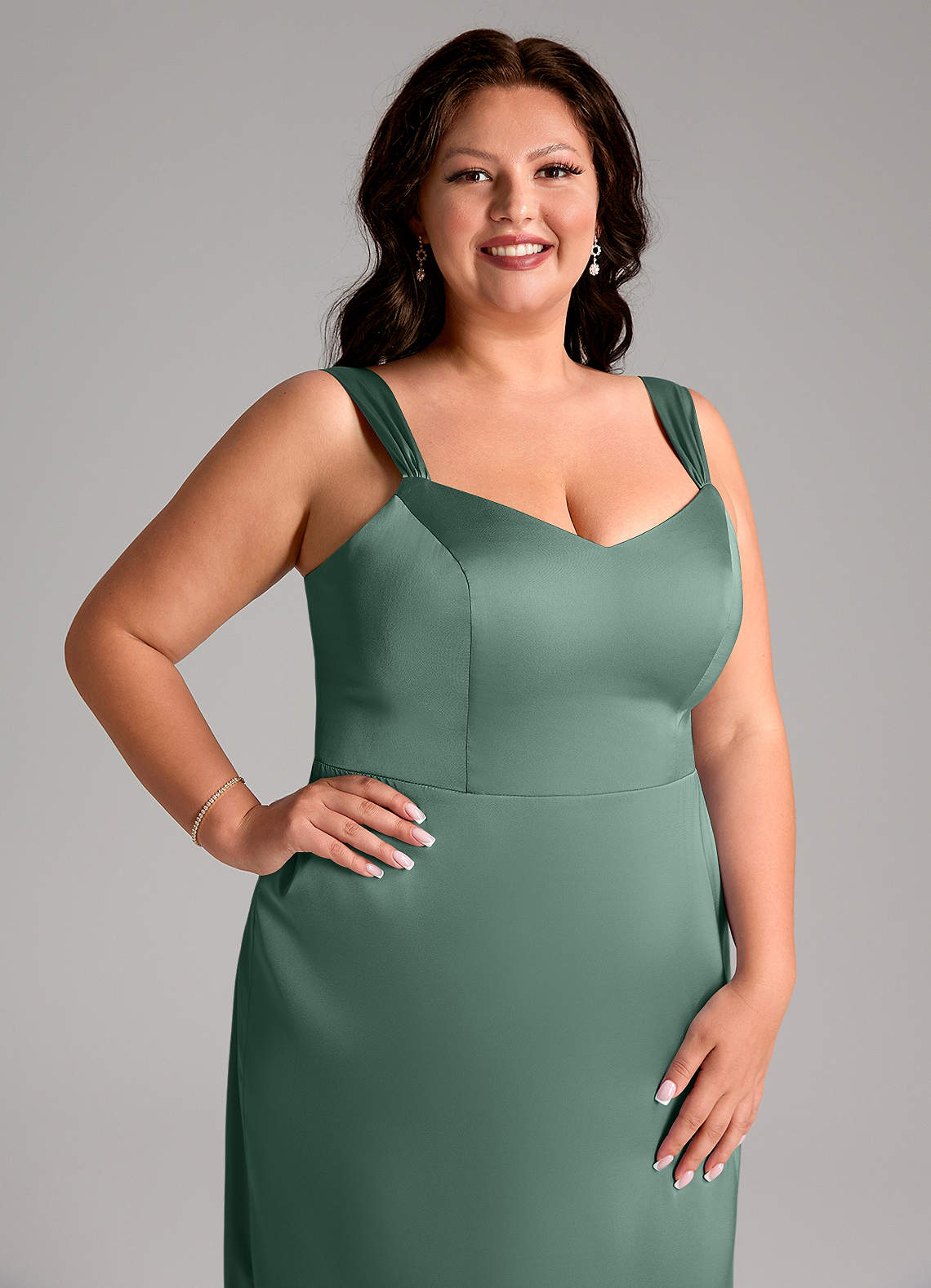 Azazie Denice Bridesmaid Dresses Eucalyptus Sheath Pleated Stretch Satin Dress image6