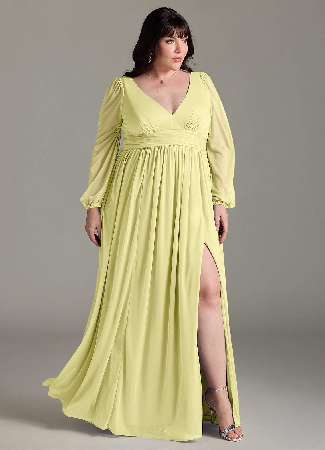Azazie Norah Abiti da Damigella Abito A-Line in Chiffon con Maniche lunghe e Scollo a V Sorbetto Al Limone image8
