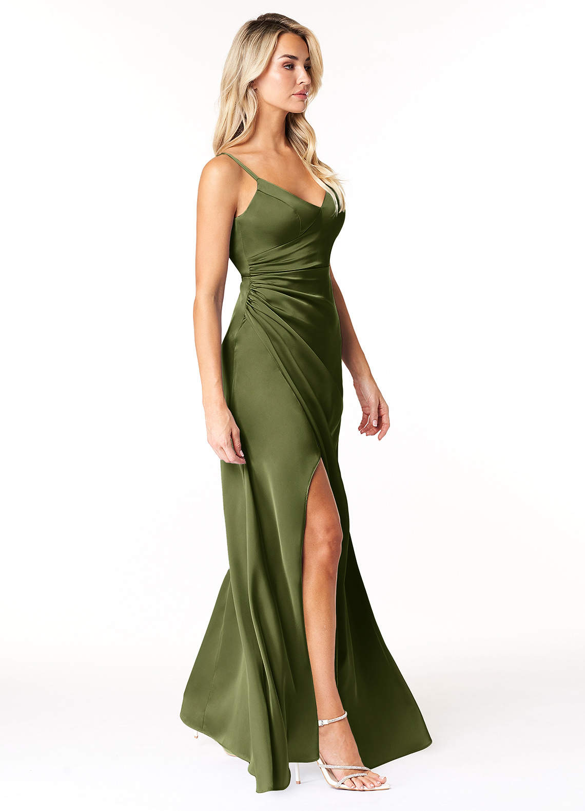 Azazie Marchella Robes de demoiselle d'honneur Robe Trapèze en Satin extensible Corset Olive image4