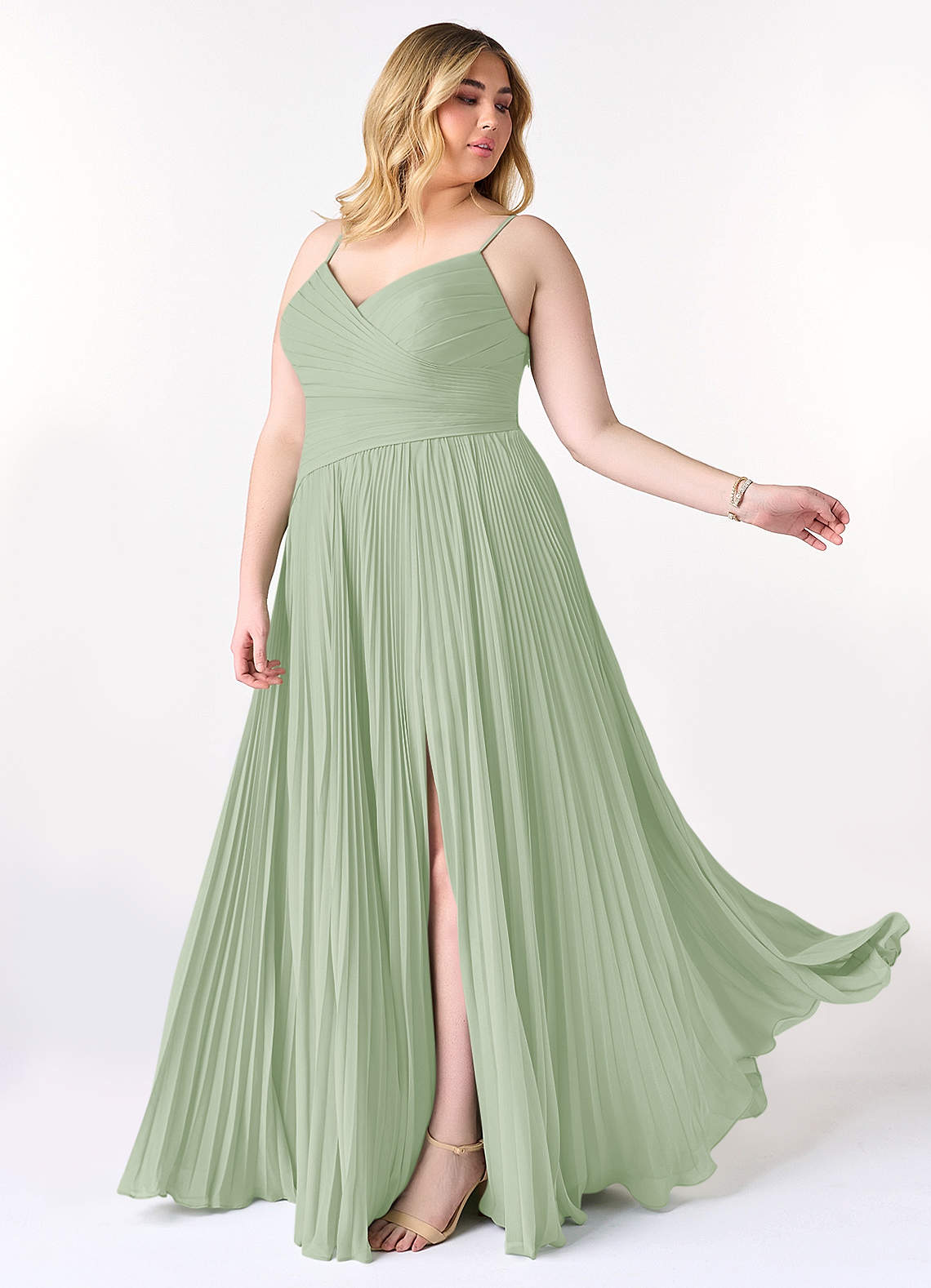 Azazie Vini Probar vestidos en casa Vestido de Matcha de Gasa de Corte en A con Cuello en V Plisado image9