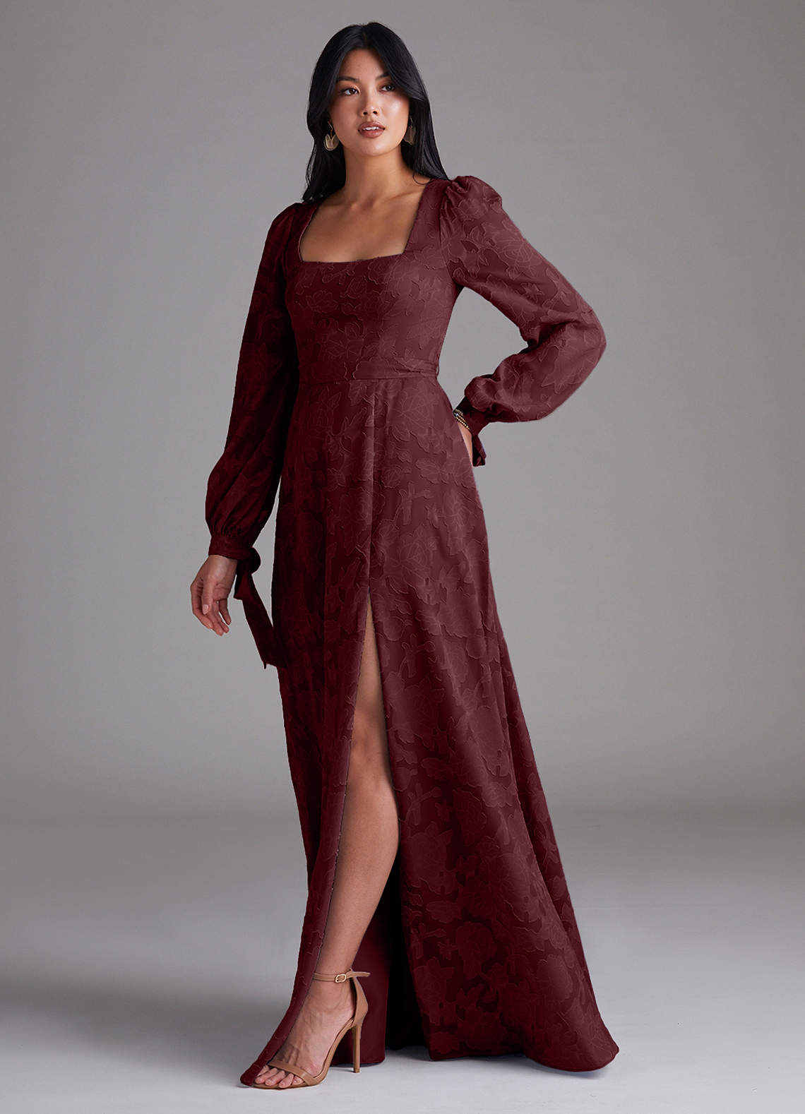 Azazie Leonia Bridesmaid Dresses Cabernet A-Line Long Sleeve Floral Burnout Dress image1