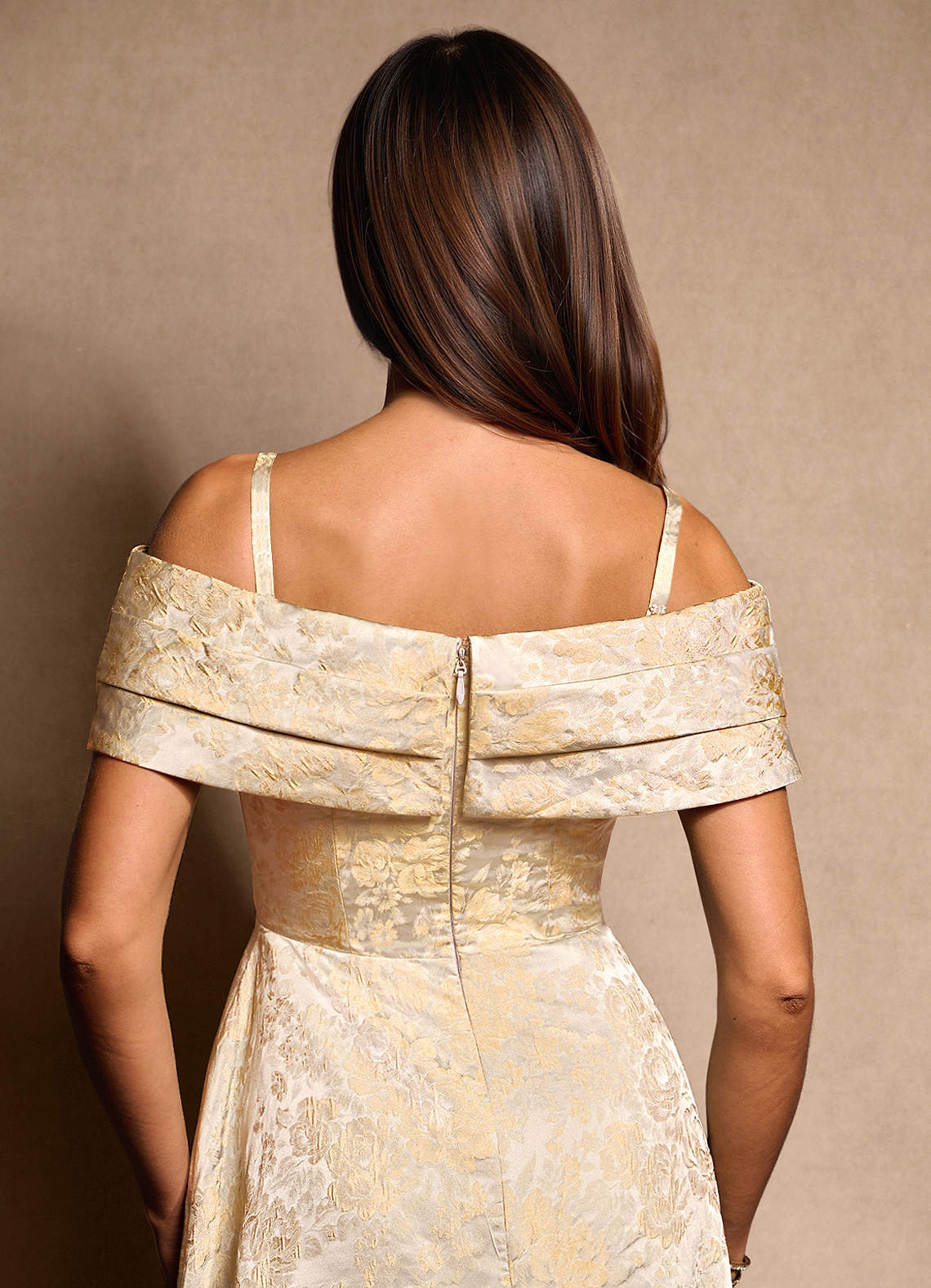 champagne jacquard dress Azazie Golda