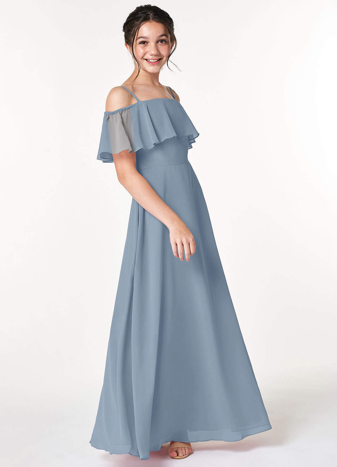 Azazie Maggie Junior Dusty Blue A-Line Off the Shoulder Chiffon Dress image3