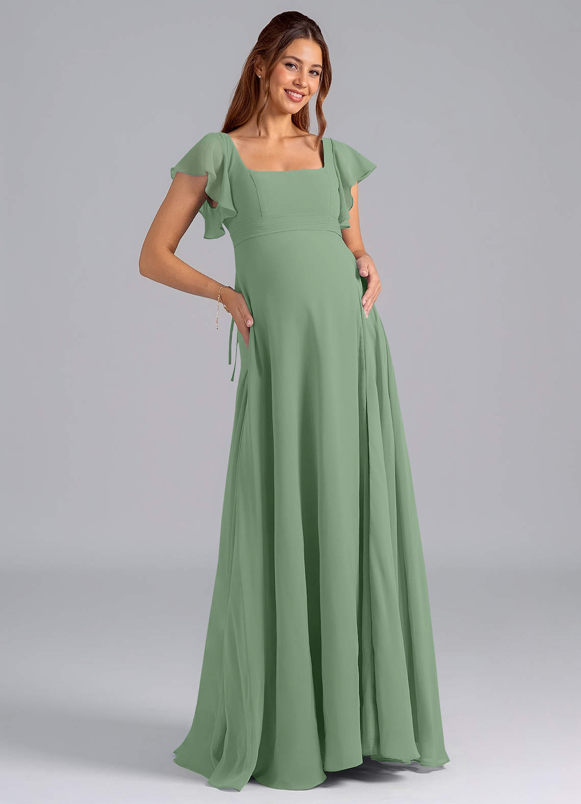 Azazie Bondi Maternity Bridesmaid Dresses A-Line Ruched Chiffon Floor-Length Dress image1