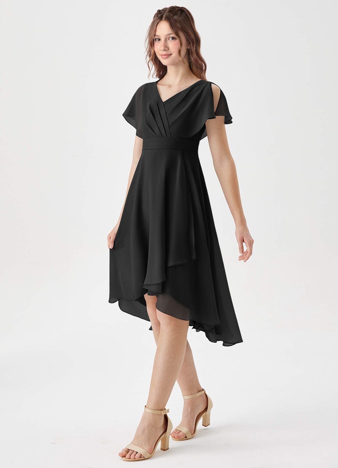 Azazie Graciela Junior Vestido Preto de Chiffon de Linha A com Plissado image3