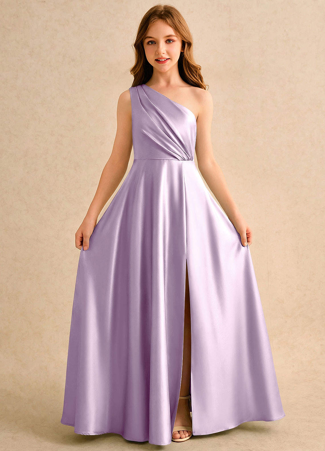 Azazie Puddles Girls Formal Flower Girl Klänningar Klänning A-Line i Stretch Satin One-shoulder image4