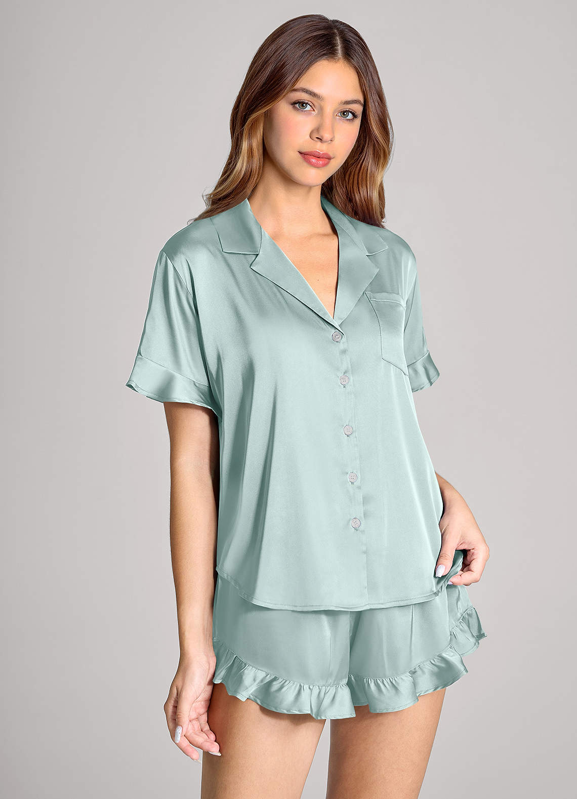 front Matching Color Ruffled Satin Short Sleeve Pajama Set
