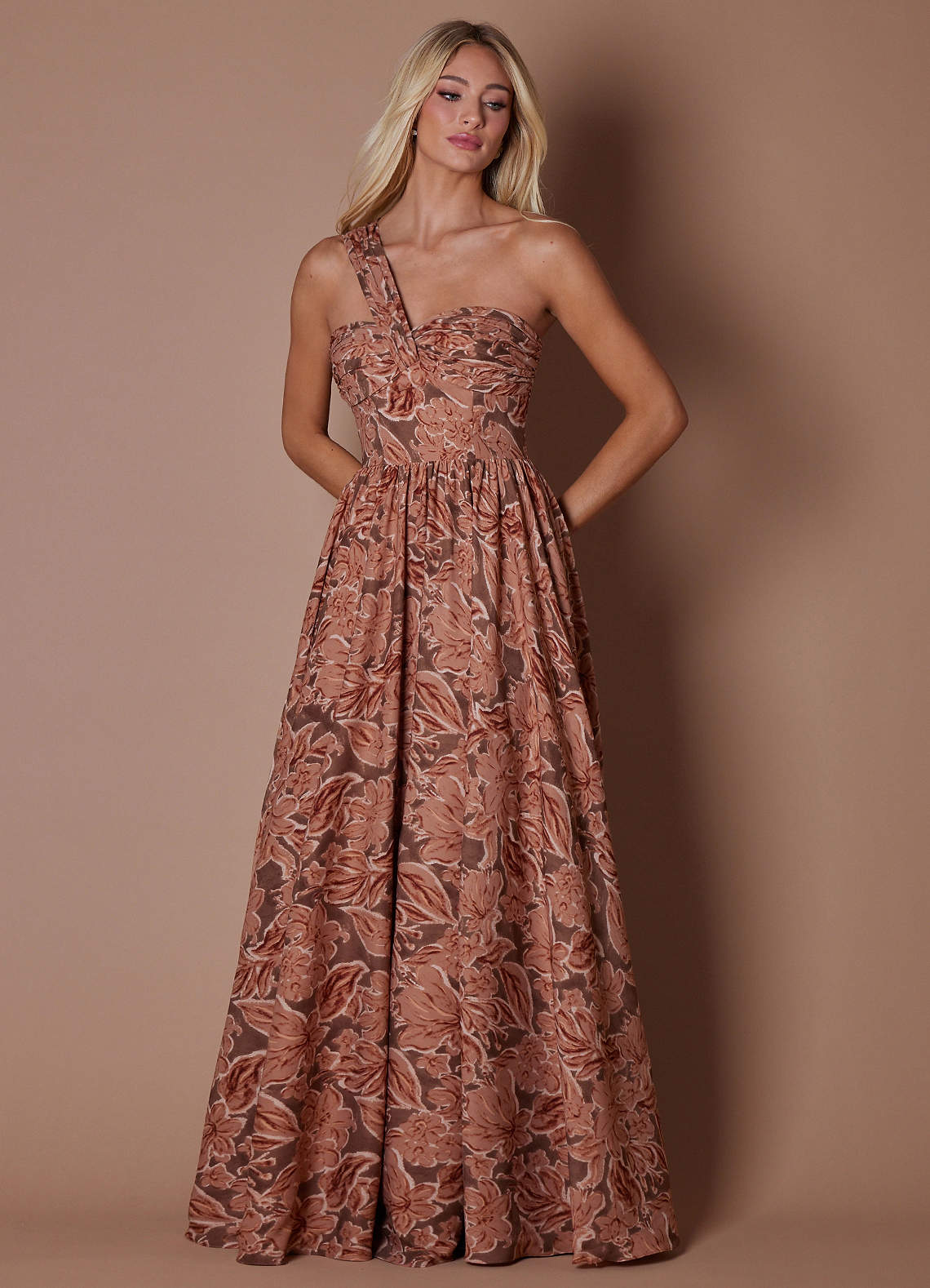 Azazie Floor-Length Maxi Dresses A-Line Wedding Guest Formal Dresses Asymmetrical Bronze Petal