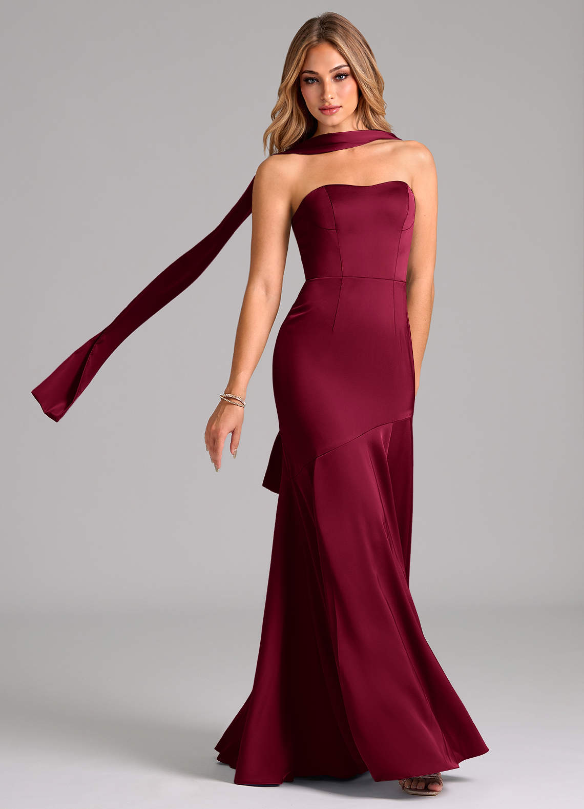 Azazie Shiloh Bridesmaid Dresses Burgundy Mermaid Strapless Stretch Satin Convertible Dress image1