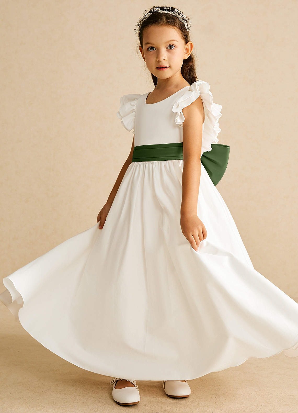 Azazie Aero Flower Girl Dresses Ivory Olive A-Line Pleated Cotton Dress image1