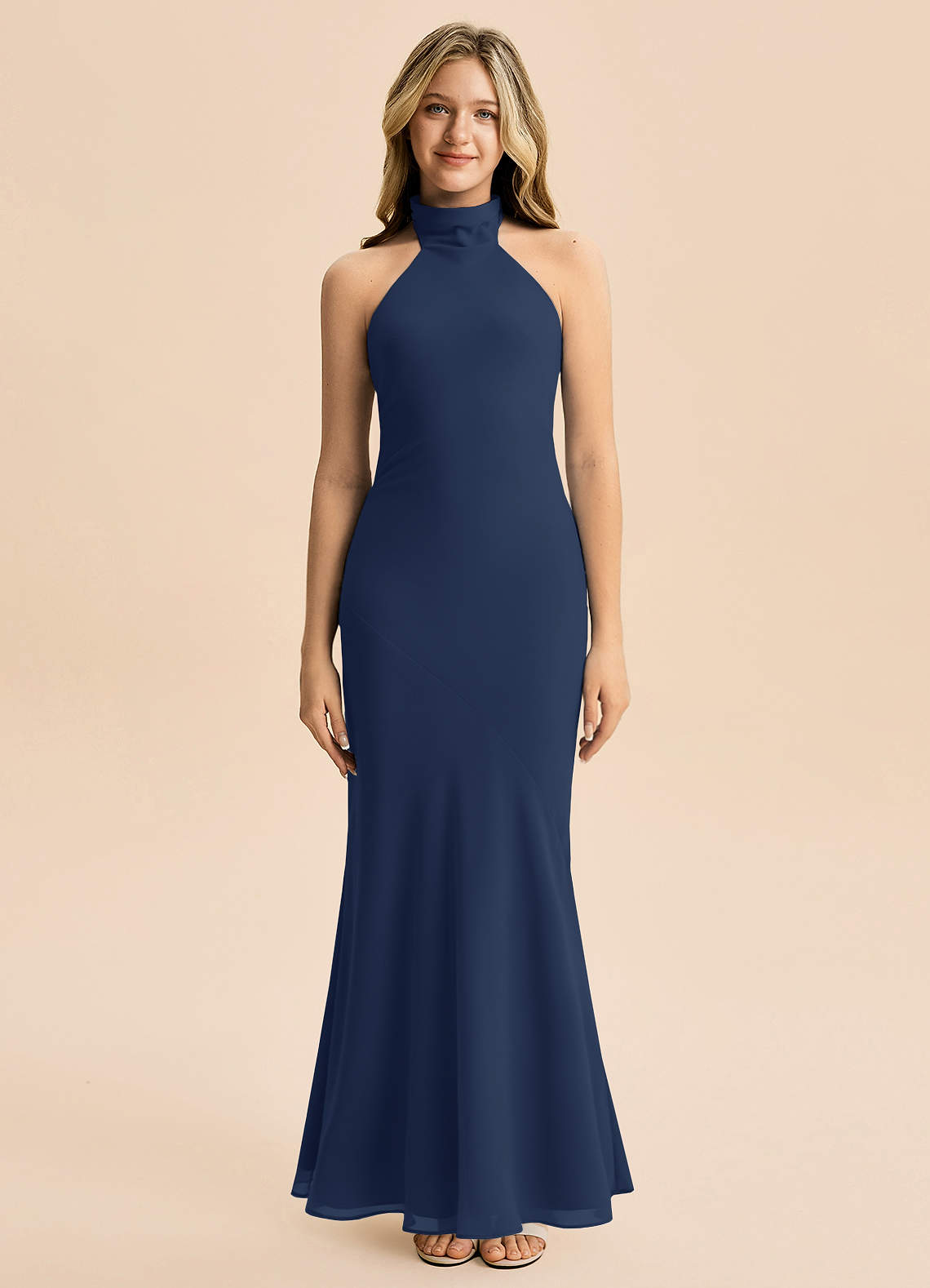 Azazie Velli Junior Meerjungfrau-Linie Hoher Kragen Chiffon Kleid Dunkelmarine image2