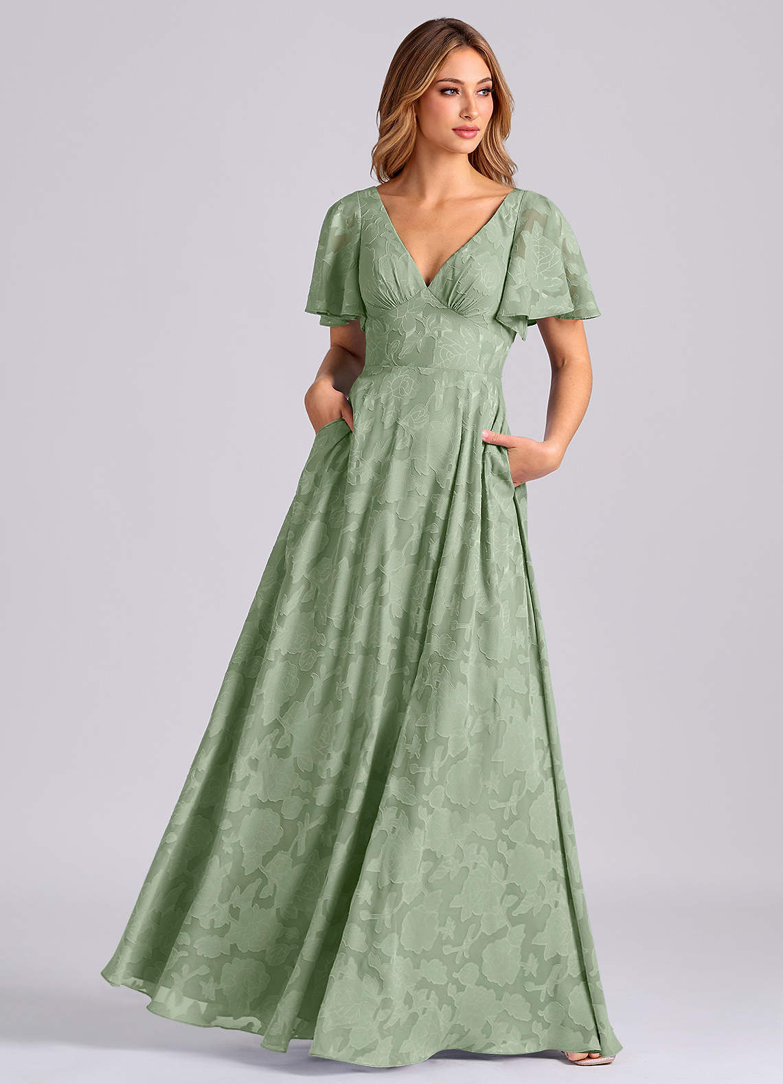 Azazie Kimber Bridesmaid Dresses Dusty Sage A-Line with Pockets Floral Burnout Dress image6