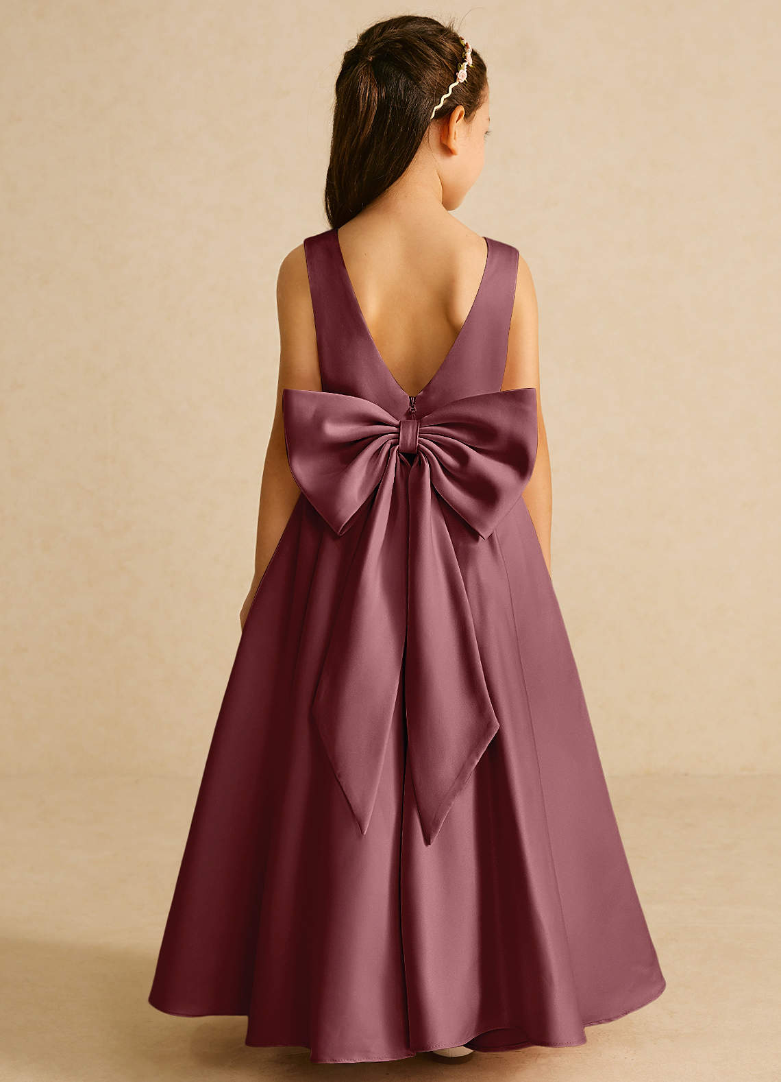 Azazie Pipsy Flower Girl Dresses Desert Rose A-Line Bow Matte Satin Dress image1