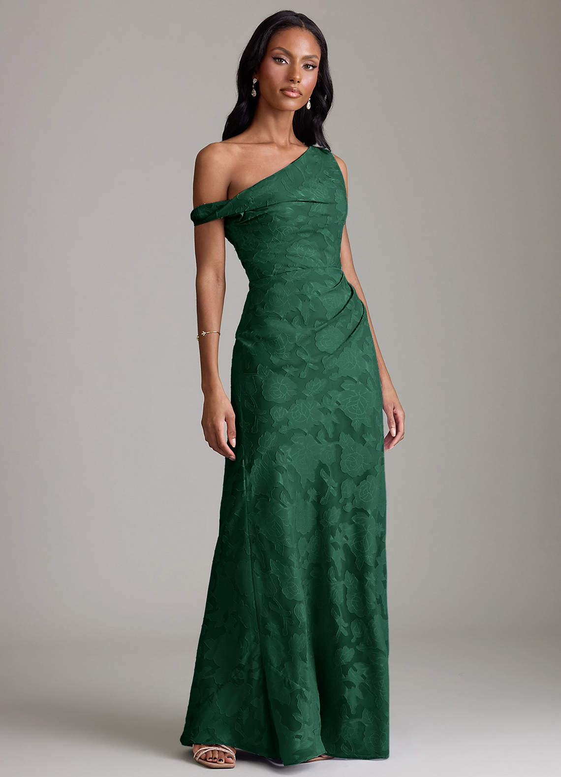 Azazie Emerson Bridesmaid Dresses Dark Green Mermaid Off the Shoulder Floral Burnout Dress image3