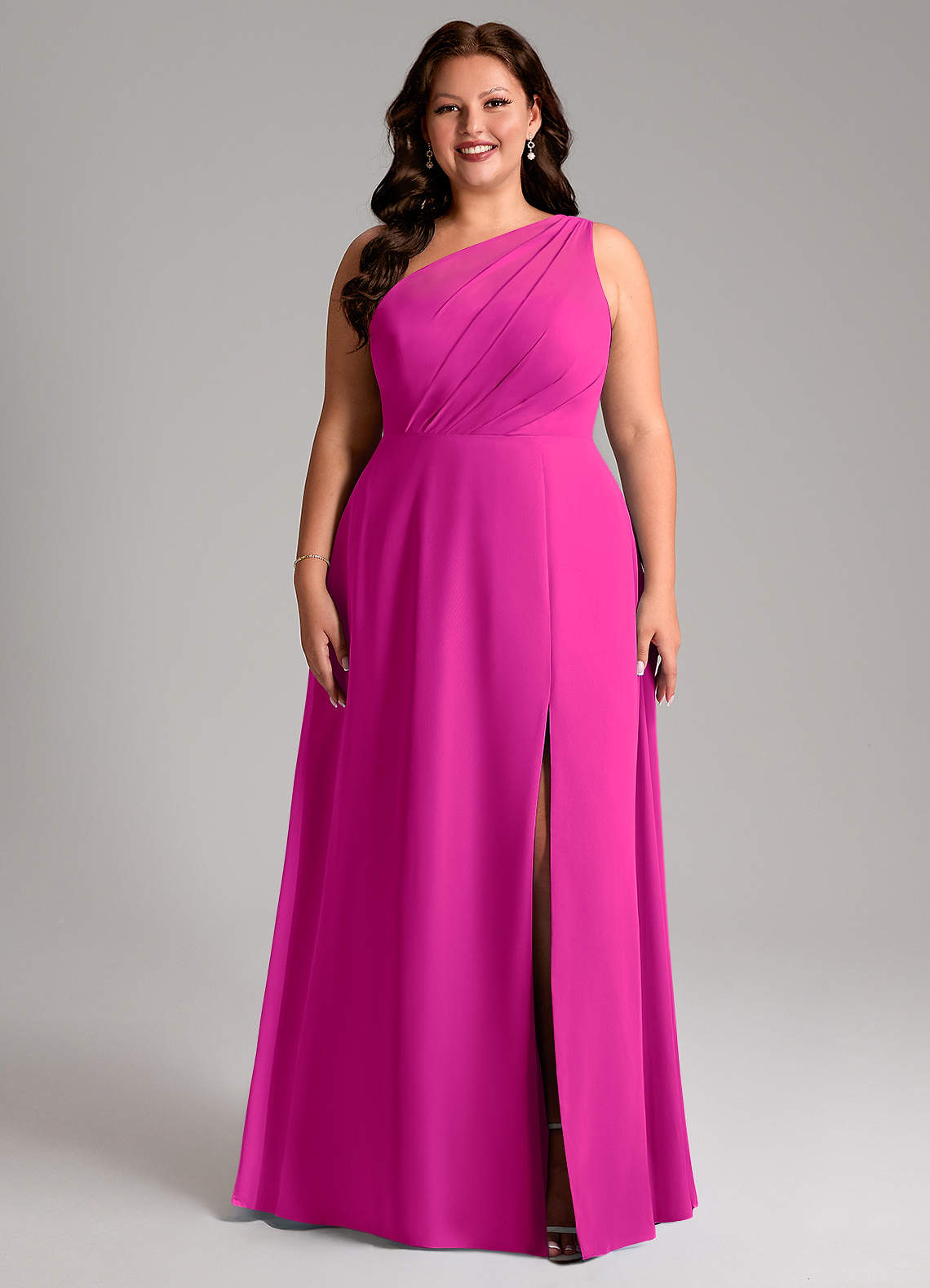 Azazie Phaedra Bridesmaid Dresses Fuchsia A-Line One Shoulder Chiffon Dress image1