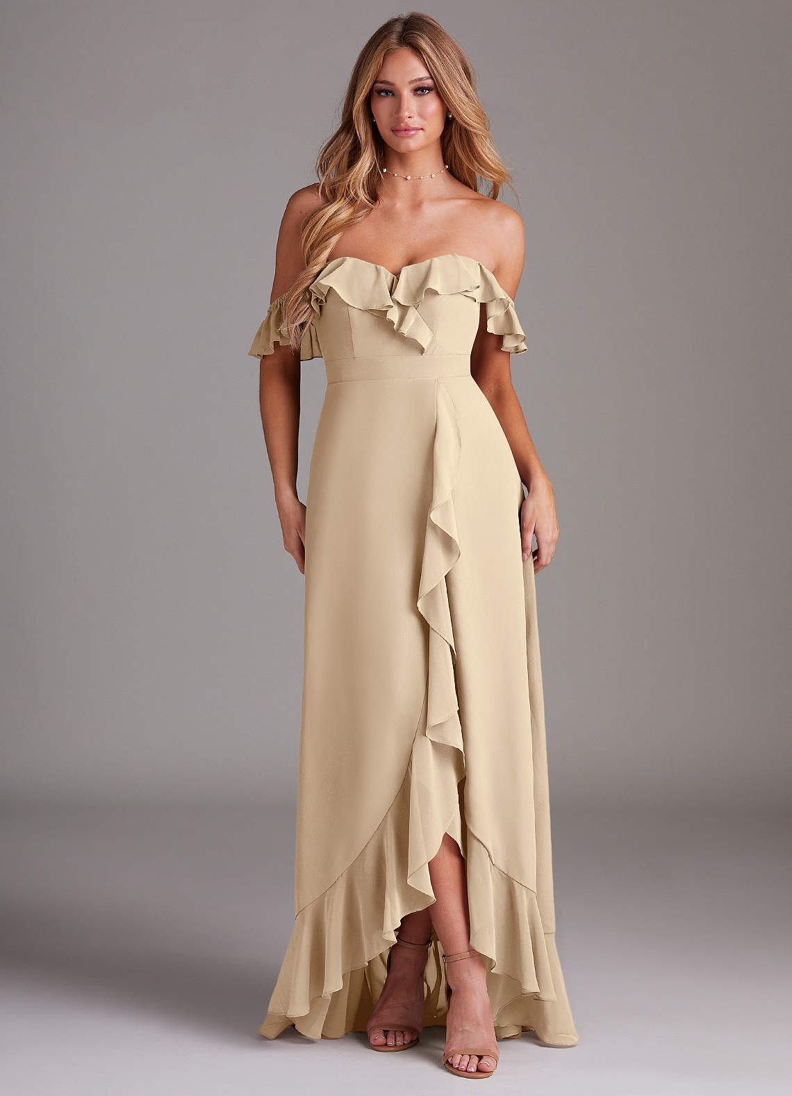 Azazie Lyra Bridesmaid Dresses Champagne A-Line Chiffon Convertible Dress image1