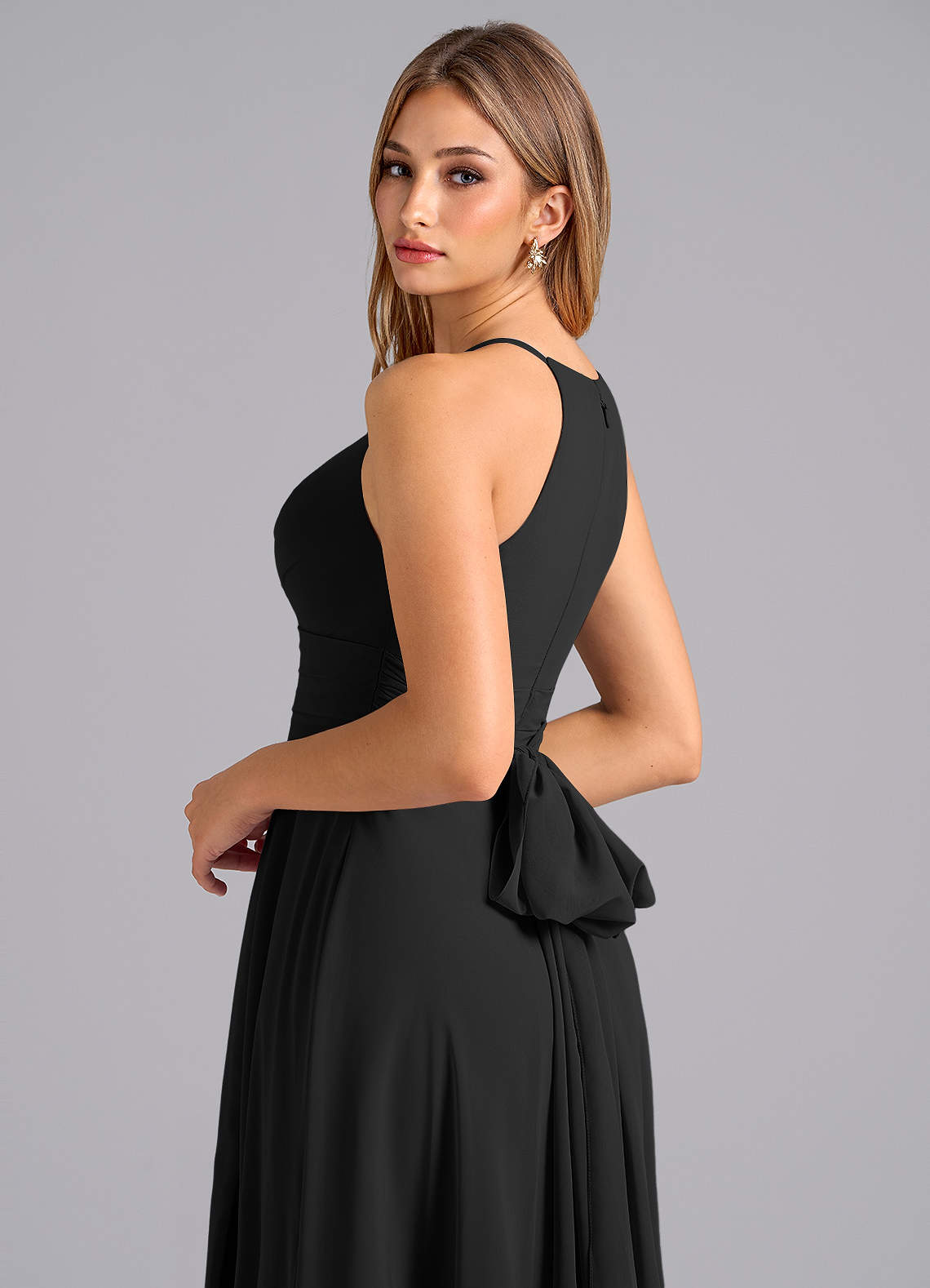 Azazie Denver Vente Finale Robe Trapèze en Mousseline de soie Plissée Noir image1