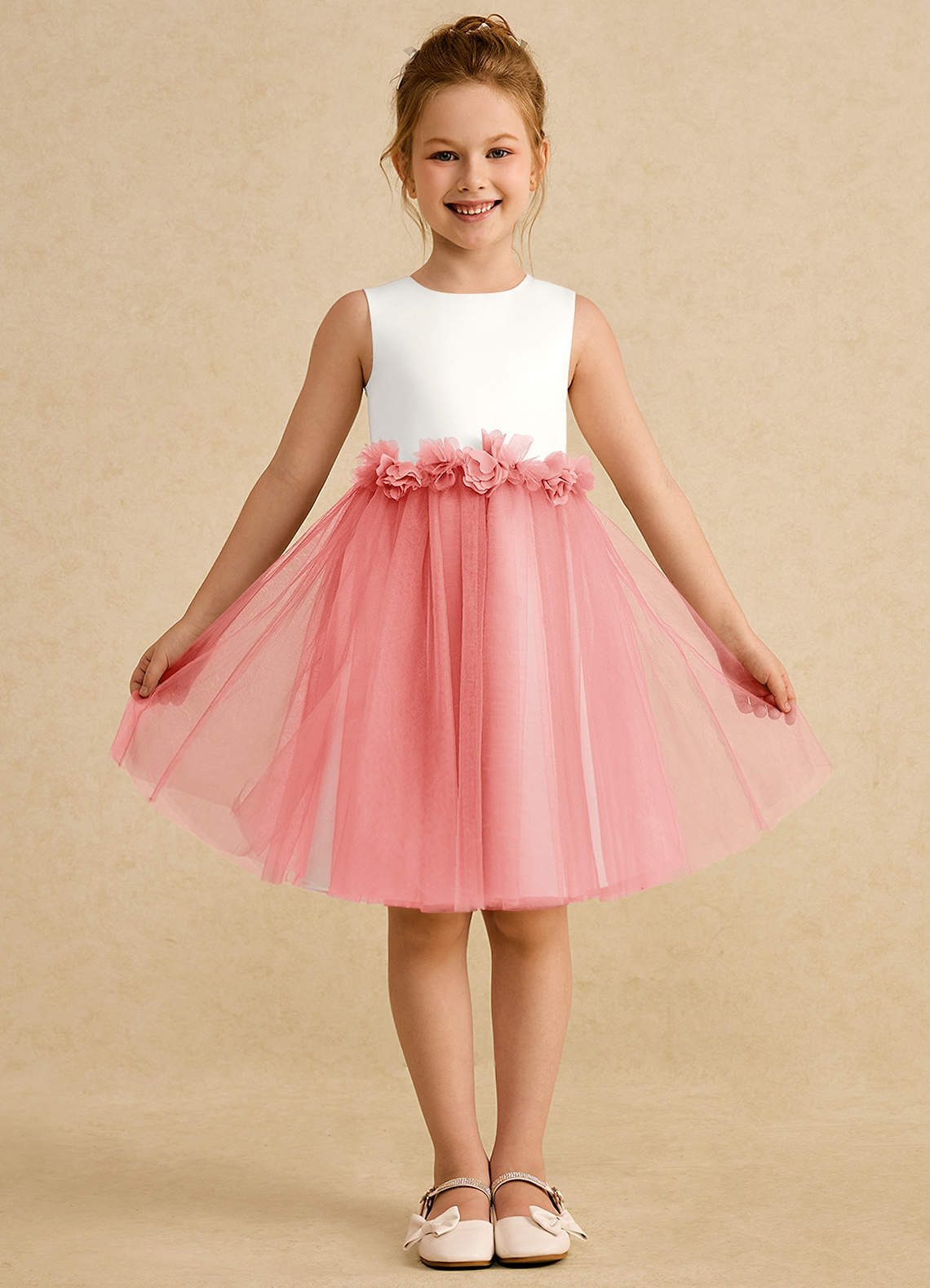 Azazie Louisa Flower Girl Dresses Ivory Coral A-Line Sleeveless Tulle Dress image1