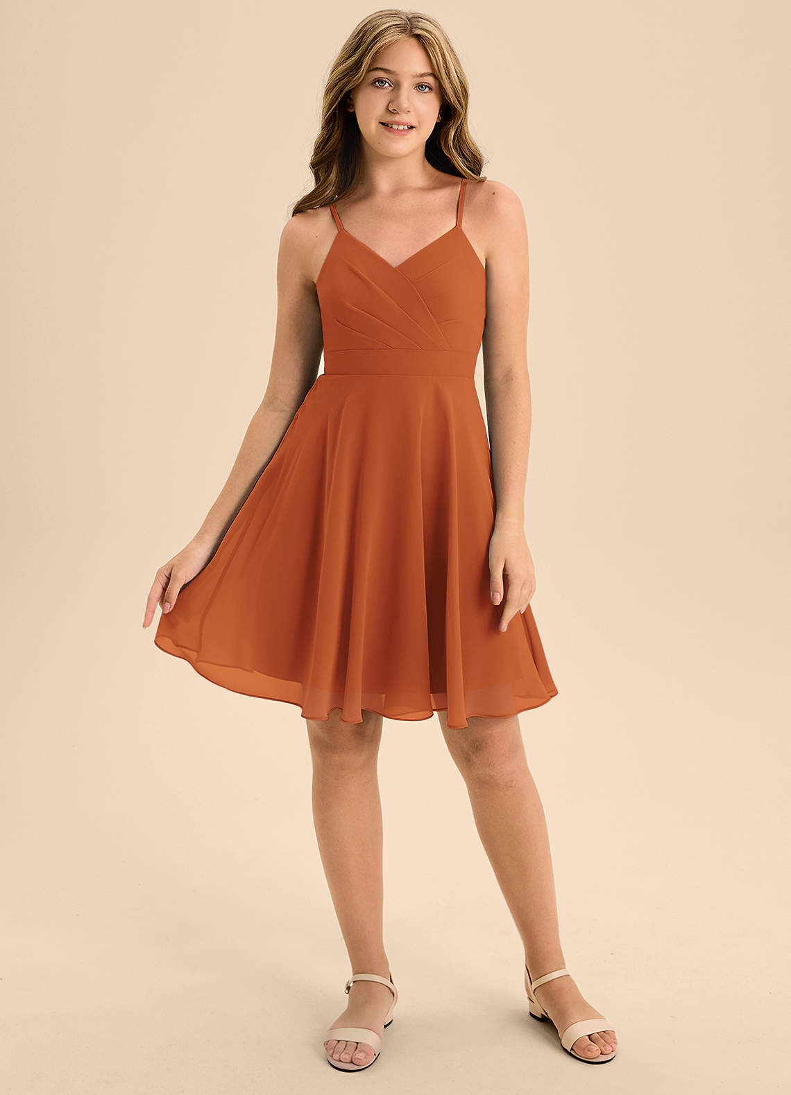 Azazie Avelina Junior Cinnamon A-Line Pleated Chiffon Dress image1