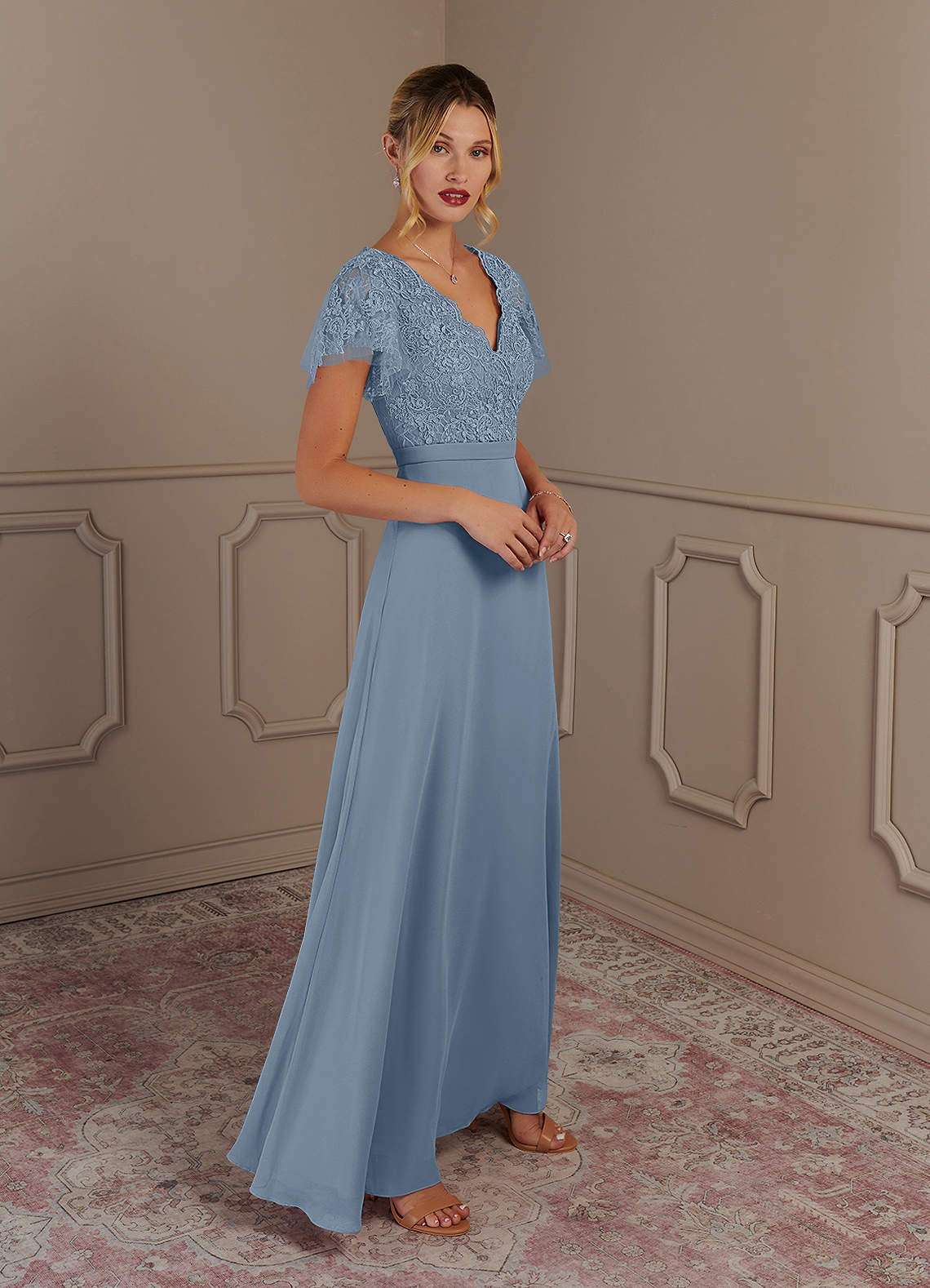Dusty Blue Azazie Singer Dusty Blue A-Line V-Neck Lace Chiffon Dress ...