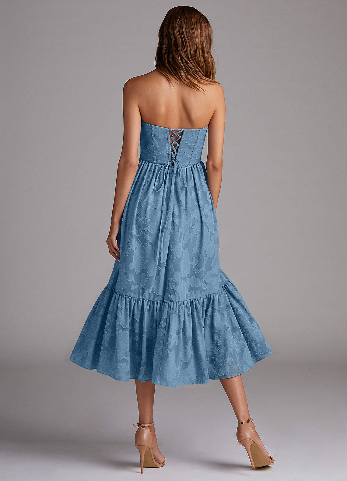 Azazie Delphina Bridesmaid Dresses Steel Blue A-Line Strapless Floral Burnout Convertible Dress image2