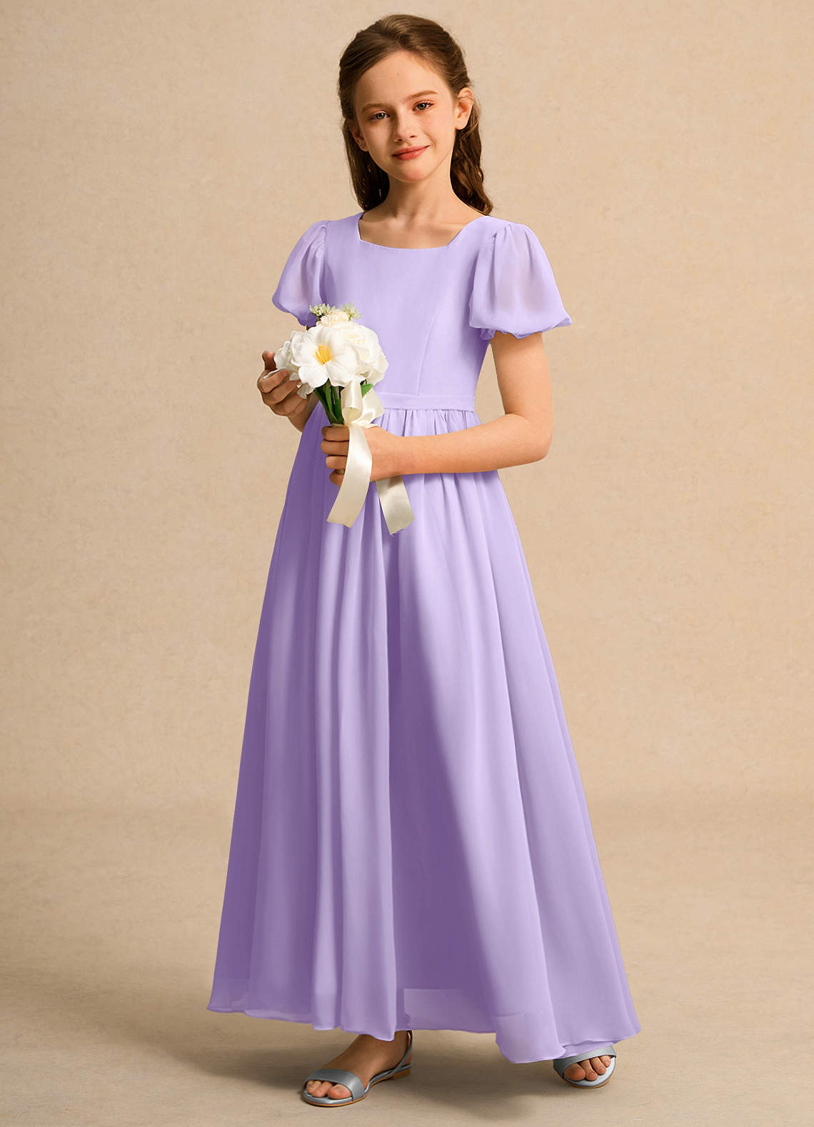 Azazie Joss Flower Girl Dresses Lilac A-Line with Sleeves Chiffon Dress image10