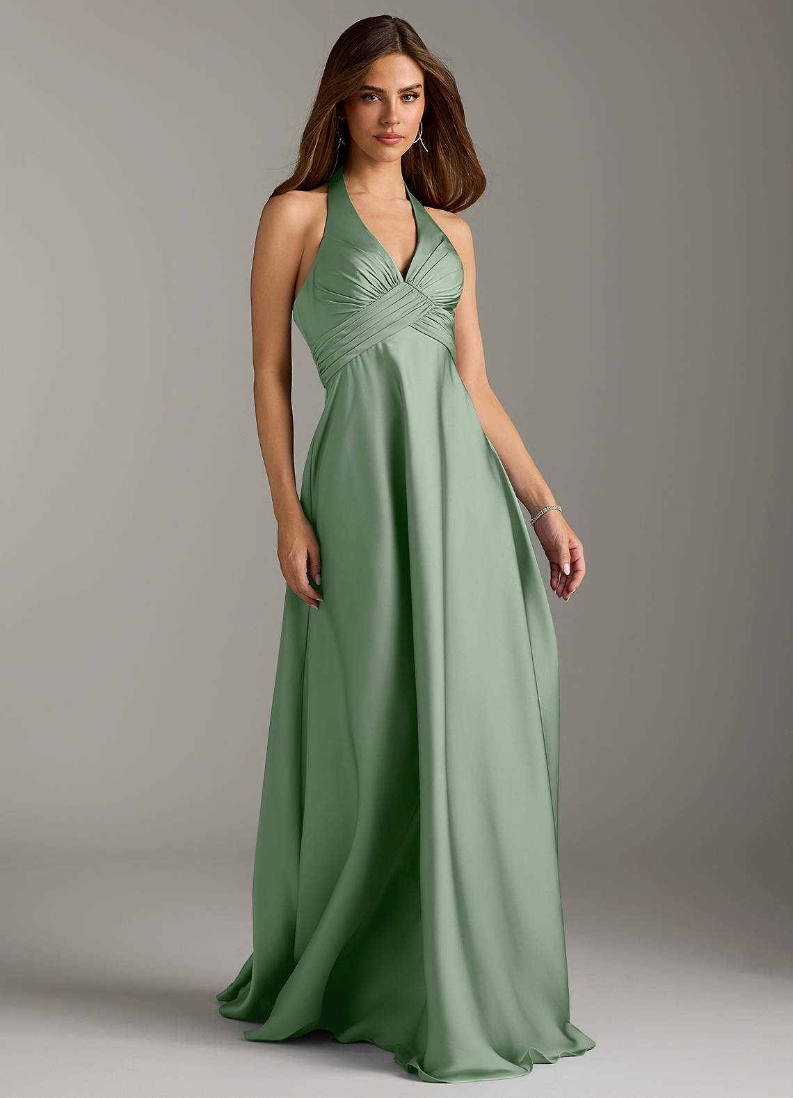 Azazie Tessie Bridesmaid Dresses Matcha A-Line Pleated Stretch Satin Dress image1