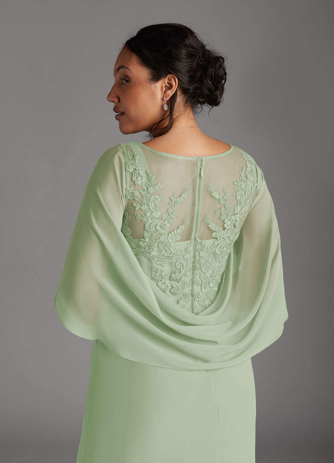 Azazie Hera Mother of the Bride Dresses Dusty Sage A-Line Lace Capelet Chiffon Dress image9