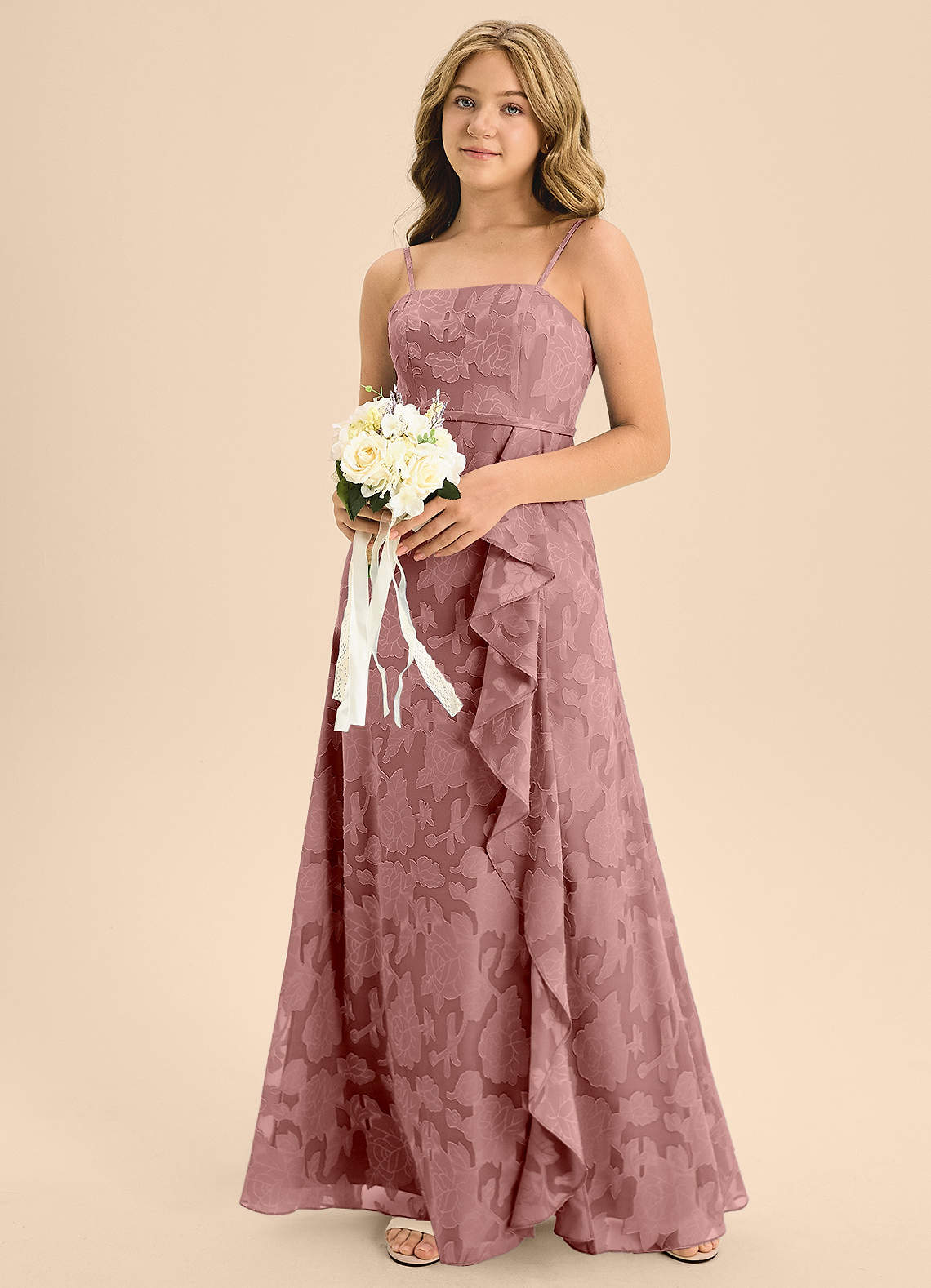Azazie Kaylee Junior A-Linie Gürtel/Schärpe Blumen-Burnout Kleid Altrosa image5