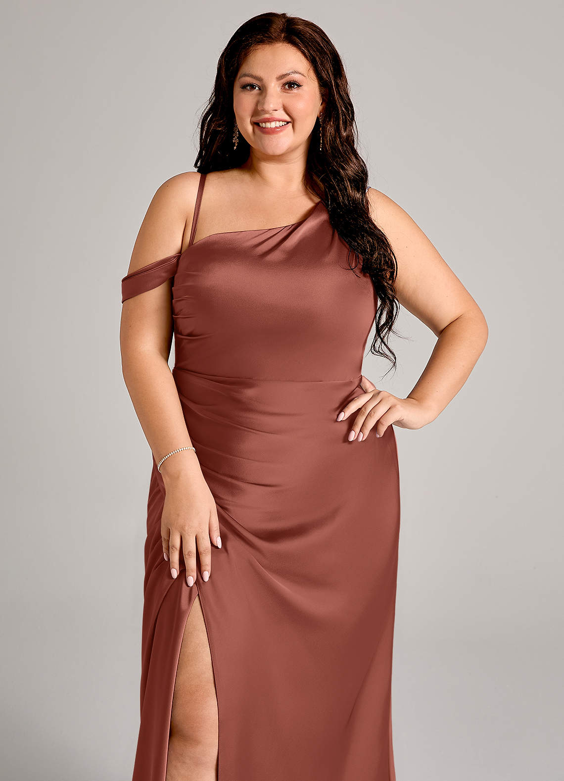 Azazie Madelyn Bridesmaid Dresses Auburn Mermaid One Shoulder Stretch Satin Convertible Dress image9
